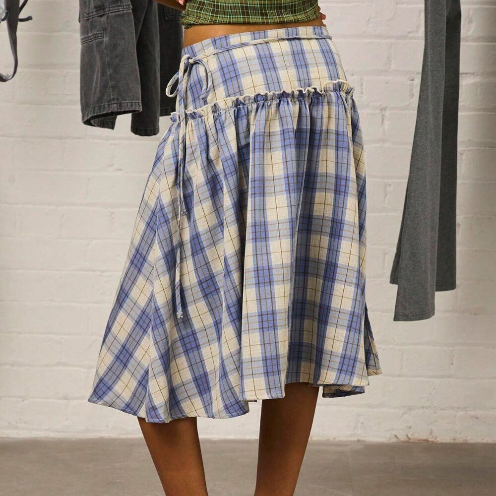 Multicolor Casual Women's Checkered Drop Waist Midi Skirt - Picture 2 of 6